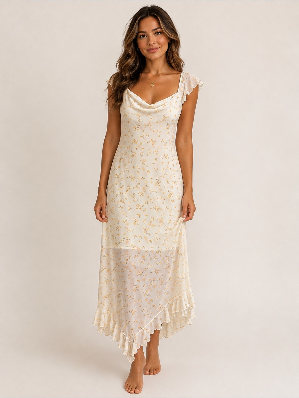 Kirious Los Angeles Floral Mesh Cowl Neck Maxi Dress Ruffle Strap Women’s Size M
